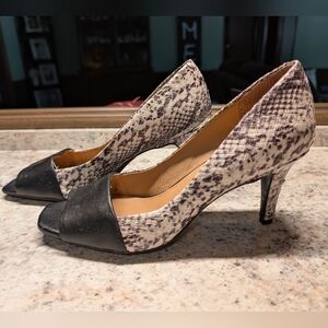 Calvin Klein Nareen Spectator Snakeskin Patterned Peep-Toe Leather Pumps